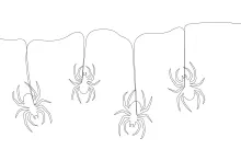 Four spiders on a web continuous line drawing.