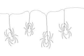 Four spiders on a web continuous line drawing.